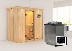 Sauna VARIADO (Fronteinstieg) / klarglas Tür / inkl. Dachkranz / Ofen 9 kW Biokombi  externe Strg easy