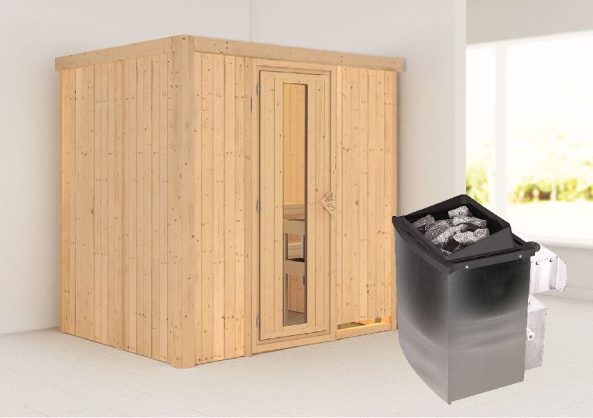 Sauna BODIN (Fronteinstieg) / Holztür / kein Dachkranz / Ofen 9 kW integr. Strg