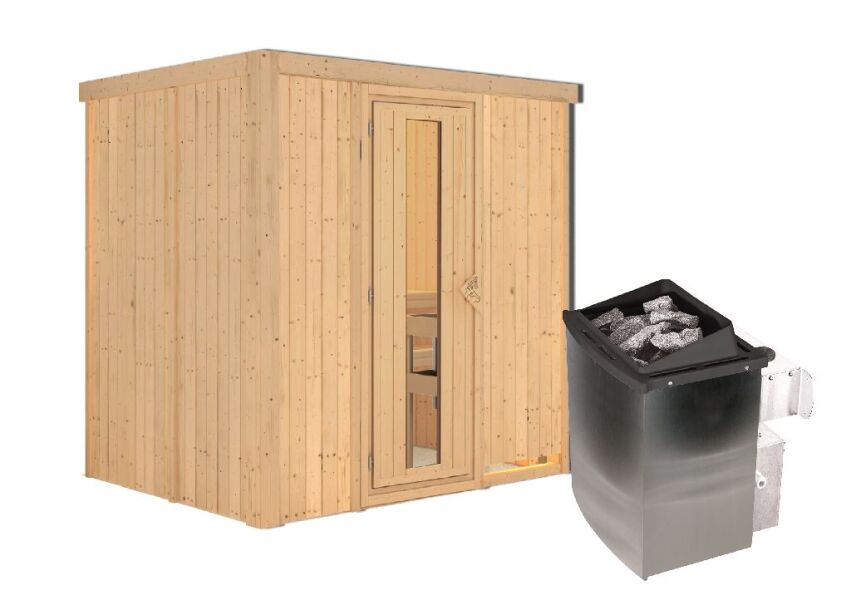 Sauna BODIN (Fronteinstieg) / Holztür / kein Dachkranz / Ofen 9 kW integr. Strg