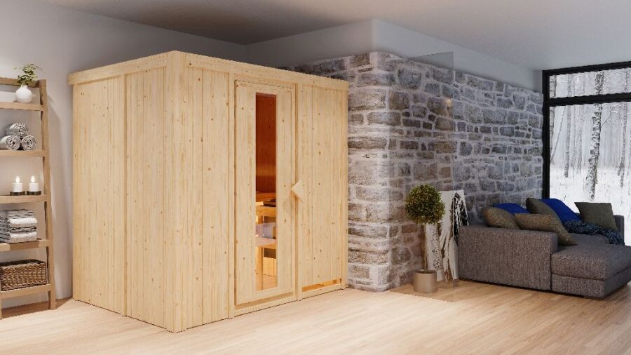 Sauna BODIN (Fronteinstieg) / Holztür / kein Dachkranz / Ofen 9 kW integr. Strg
