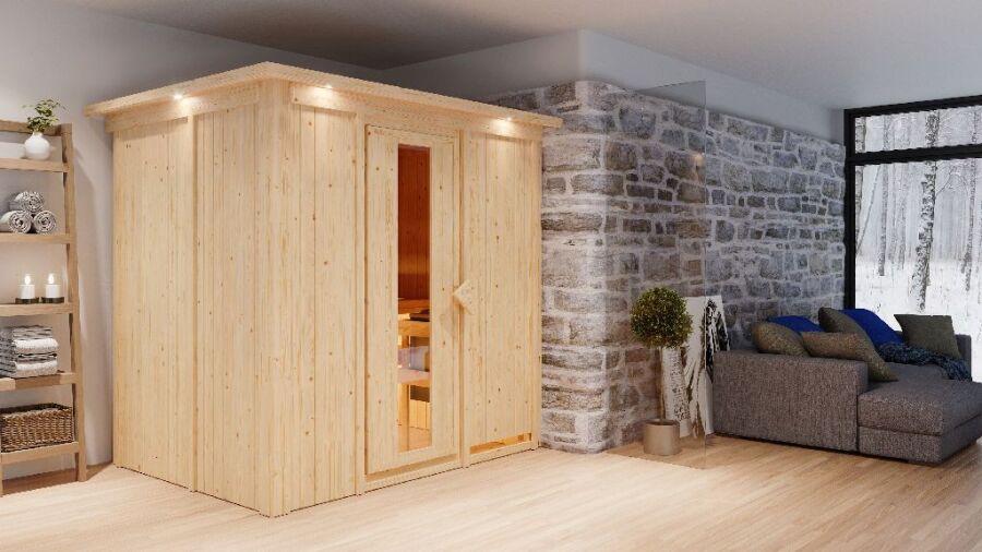 Sauna BODIN (Fronteinstieg) / Holztür / inkl. Dachkranz / ohne Ofen