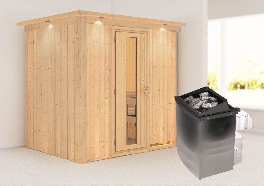 Sauna BODIN (Fronteinstieg) / Holztür / inkl. Dachkranz / Ofen 9 kW integr. Strg