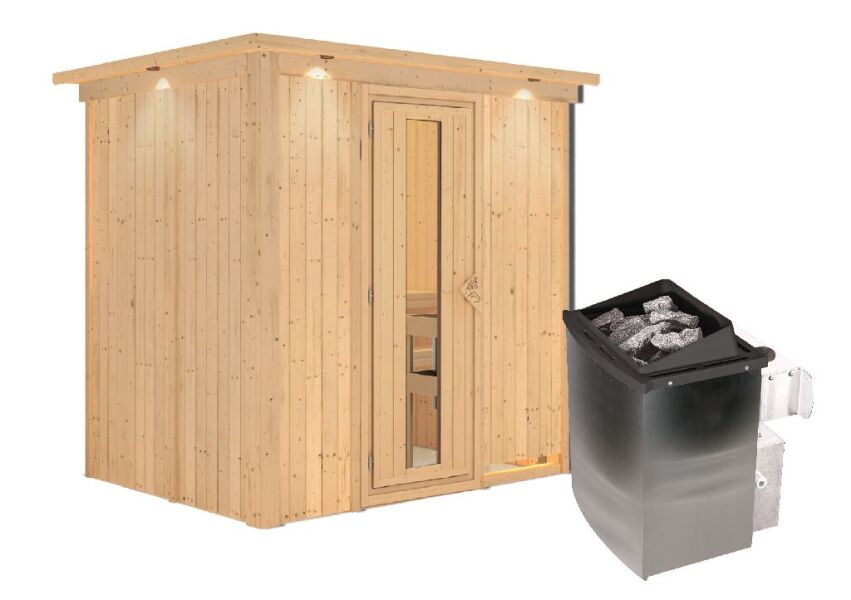 Sauna BODIN (Fronteinstieg) / Holztür / inkl. Dachkranz / Ofen 9 kW integr. Strg