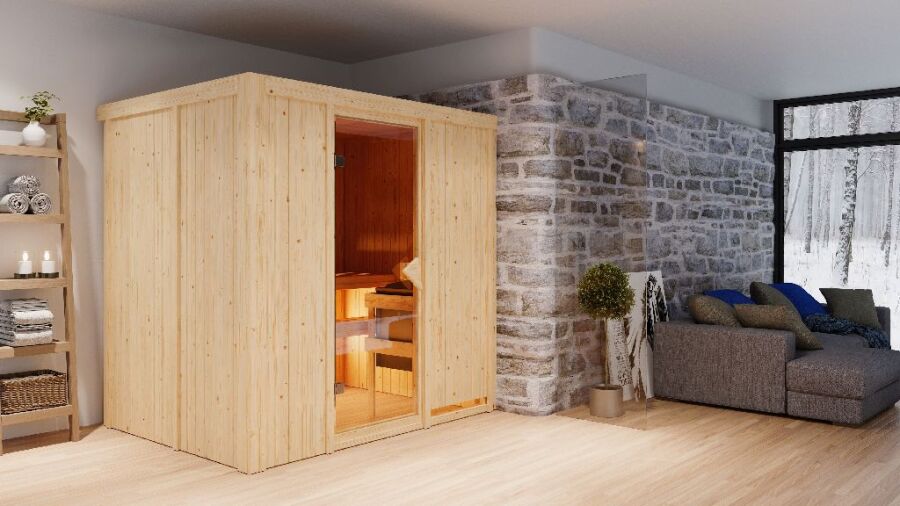 Sauna BODIN (Fronteinstieg) / bronzierte Tür / kein Dachkranz / Ofen 9 KW externe Strg easy