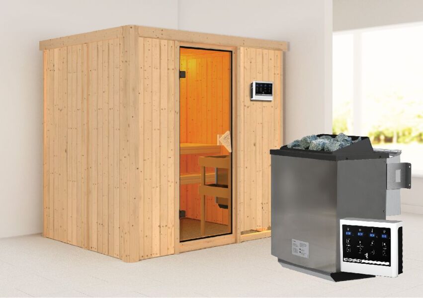 Sauna BODIN (Fronteinstieg) / bronzierte Tür / kein Dachkranz / Ofen 9 kW Bio externe Strg easy