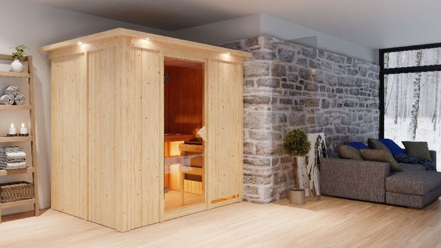Sauna BODIN (Fronteinstieg) / bronzierte Tür / inkl. Dachkranz / ohne Ofen