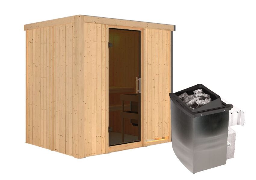 Sauna BODIN (Fronteinstieg) / graphit Tür / kein Dachkranz / Ofen 9 kW integr. Strg