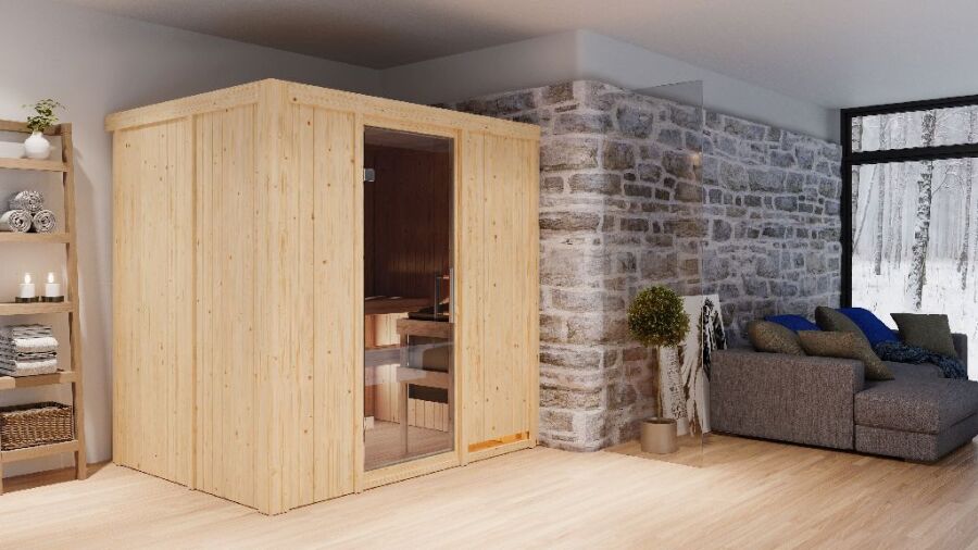 Sauna BODIN (Fronteinstieg) / graphit Tür / kein Dachkranz / Ofen 9 KW externe Strg easy