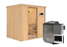 Sauna BODIN (Fronteinstieg) / klarglas Tür / kein Dachkranz / Ofen 9 kW Bio externe Strg easy