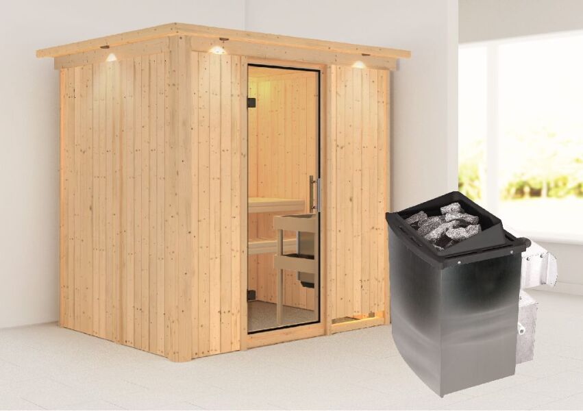 Sauna BODIN (Fronteinstieg) / klarglas Tür / inkl. Dachkranz / Ofen 9 kW integr. Strg