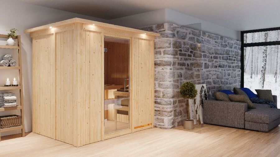 Sauna BODIN (Fronteinstieg) / klarglas Tür / inkl. Dachkranz / Ofen 9 kW Bio externe Strg easy