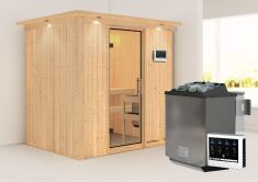 Sauna BODIN (Fronteinstieg) / klarglas Tür / inkl. Dachkranz / Ofen 9 kW Bio externe Strg easy