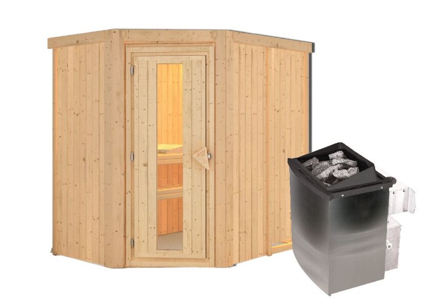 Sauna CARIN (Eckeinstieg) / Holztür / kein Dachkranz / Ofen 9 kW integr. Strg