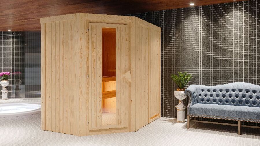 Sauna CARIN (Eckeinstieg) / Holztür / kein Dachkranz / Ofen 9 kW Bio externe Strg easy