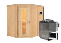 Sauna CARIN (Eckeinstieg) / Holztür / kein Dachkranz / Ofen 9 kW Bio externe Strg easy