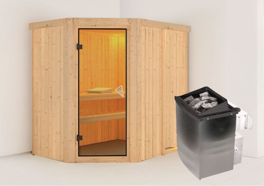 Sauna CARIN (Eckeinstieg) / bronzierte Tür / kein Dachkranz / Ofen 9 kW integr. Strg
