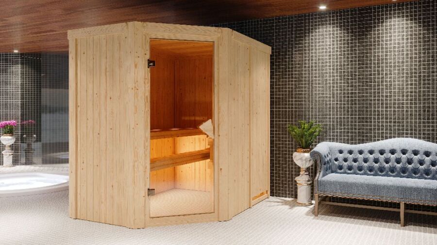 Sauna CARIN (Eckeinstieg) / bronzierte Tür / kein Dachkranz / Ofen 9 kW integr. Strg