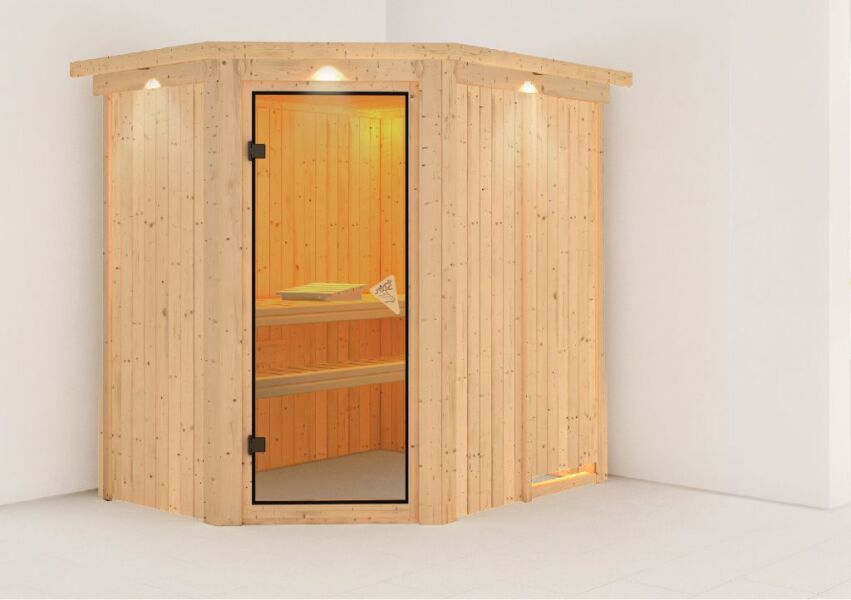 Sauna CARIN (Eckeinstieg) / bronzierte Tür / inkl. Dachkranz / ohne Ofen