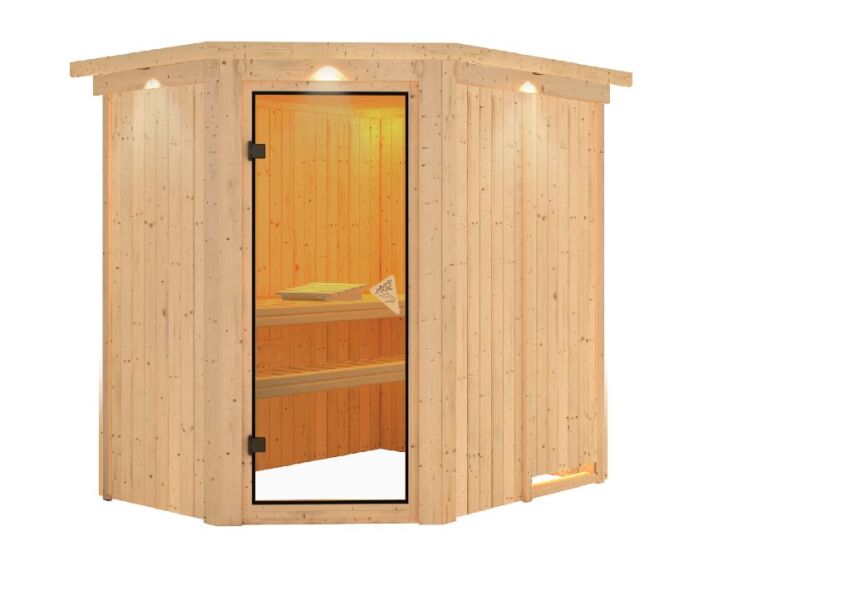 Sauna CARIN (Eckeinstieg) / bronzierte Tür / inkl. Dachkranz / ohne Ofen