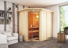 Sauna CARIN (Eckeinstieg) / bronzierte Tür / inkl. Dachkranz / ohne Ofen