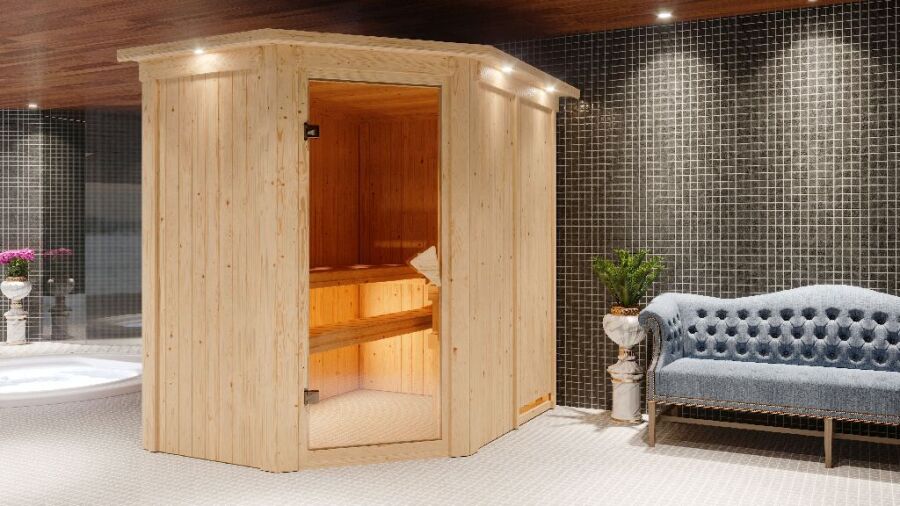 Sauna CARIN (Eckeinstieg) / bronzierte Tür / inkl. Dachkranz / Ofen 9 kW integr. Strg