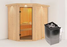 Sauna CARIN (Eckeinstieg) / bronzierte Tür / inkl. Dachkranz / Ofen 9 kW integr. Strg