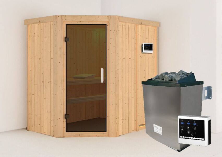 Sauna CARIN (Eckeinstieg) / graphit Tür / kein Dachkranz / Ofen 9 KW externe Strg easy