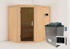 Sauna CARIN (Eckeinstieg) / graphit Tür / kein Dachkranz / Ofen 9 KW externe Strg easy