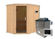 Sauna CARIN (Eckeinstieg) / graphit Tür / kein Dachkranz / Ofen 9 KW externe Strg easy