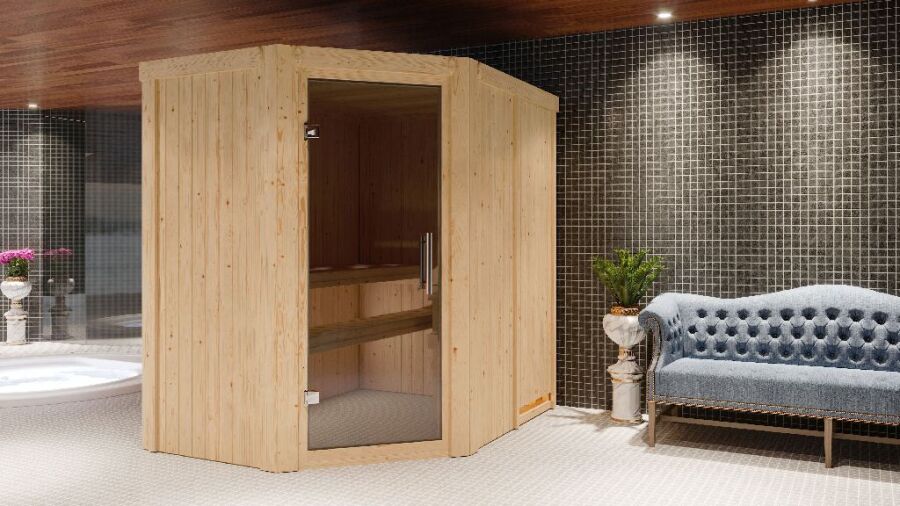 Sauna CARIN (Eckeinstieg) / graphit Tür / kein Dachkranz / Ofen 9 kW Bio externe Strg easy
