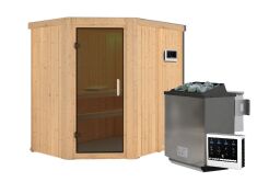 Sauna CARIN (Eckeinstieg) / graphit Tür / kein Dachkranz / Ofen 9 kW Bio externe Strg easy