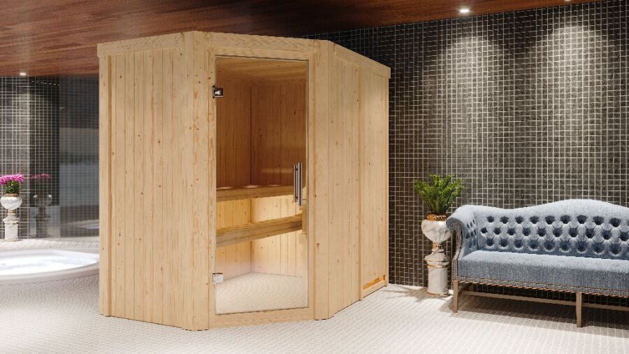 Sauna CARIN (Eckeinstieg) / klarglas Tür / kein Dachkranz / Ofen 9 kW integr. Strg