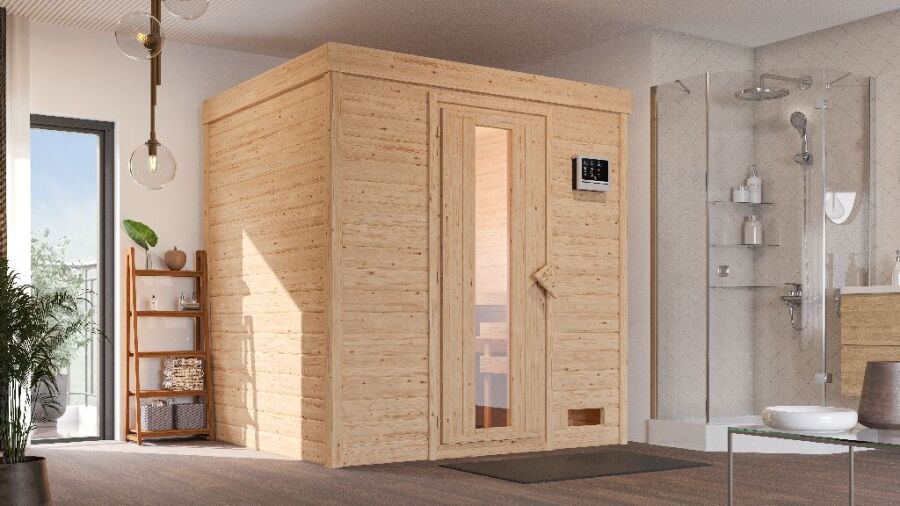 Sauna COSMIN 38mm 196 x 170 cm Fronteinstieg  38mm Energiesparsauna