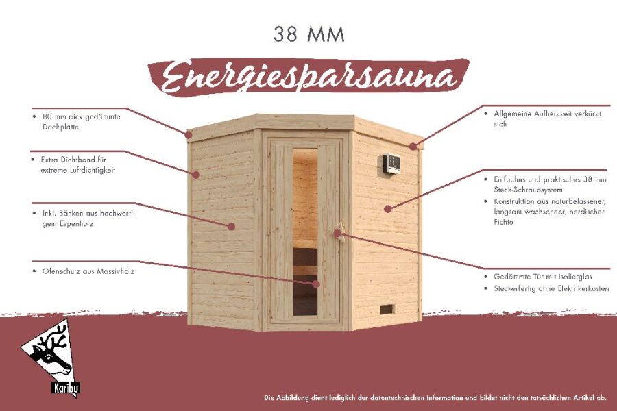 Sauna COSMIN (Fronteinstieg) / kein Dachkranz / Ofen 3,6 kW integr. Strg