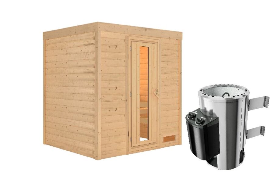 Sauna COSMIN (Fronteinstieg) / kein Dachkranz / Ofen 3,6 kW integr. Strg