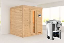 Sauna COSMIN (Fronteinstieg) / kein Dachkranz / Ofen 3,6 kW Bio externe Strg easy