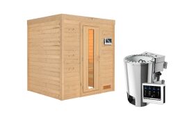 Sauna COSMIN (Fronteinstieg) / kein Dachkranz / Ofen 3,6 kW Bio externe Strg easy
