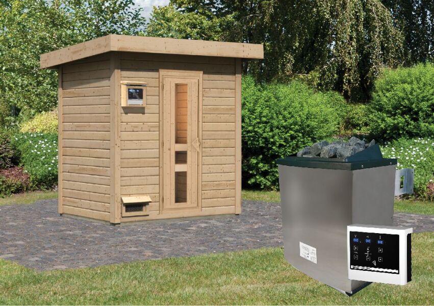 38 mm Saunahaus HYTTI 1 / naturbelassen / Ofen 9 KW externe Strg easy / gedämmte Eingangstür