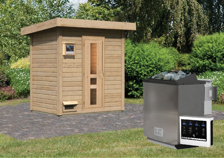 38 mm Saunahaus HYTTI 1 / naturbelassen / Ofen 9 kW Bio externe Strg easy / gedämmte Eingangstür