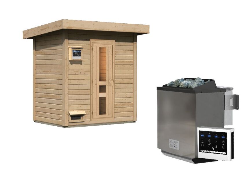 38 mm Saunahaus HYTTI 1 / naturbelassen / Ofen 9 kW Bio externe Strg easy / gedämmte Eingangstür
