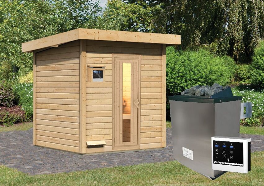 38 mm Saunahaus HYTTI 2 / naturbelassen / Ofen 9 KW externe Strg easy / gedämmte Eingangstür