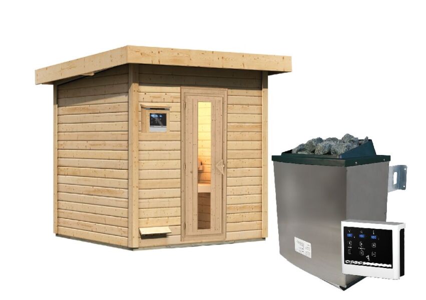 38 mm Saunahaus HYTTI 2 / naturbelassen / Ofen 9 KW externe Strg easy / gedämmte Eingangstür