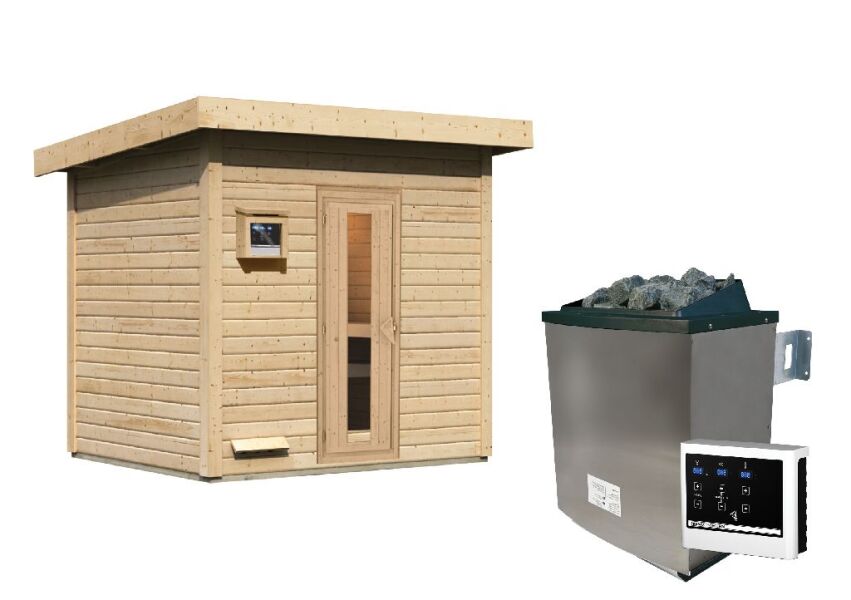 38 mm Saunahaus HYTTI 3 / naturbelassen / Ofen 9 KW externe Strg easy / gedämmte Eingangstür