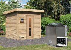 38 mm Saunahaus HYTTI 3 / naturbelassen / Ofen 9 kW Bio externe Strg easy / gedämmte Eingangstür