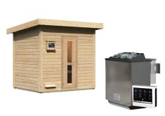 38 mm Saunahaus HYTTI 3 / naturbelassen / Ofen 9 kW Bio externe Strg easy / gedämmte Eingangstür