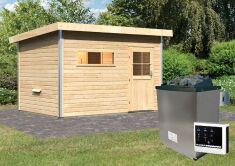 38 mm Saunahaus SKROLLAN 2 / naturbelassen / Ofen 9 KW externe Strg easy / Classic Eingangstür