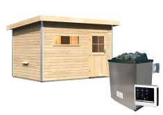 38 mm Saunahaus SKROLLAN 2 / naturbelassen / Ofen 9 KW externe Strg easy / Classic Eingangstür