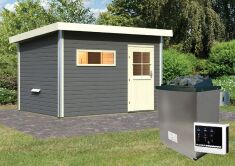 38 mm Saunahaus SKROLLAN 2 / terragrau / Ofen 9 KW externe Strg easy / Classic Eingangstür