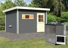38 mm Saunahaus SKROLLAN 2 / terragrau / Ofen 9 kW Bio externe Strg easy / Classic Eingangstür