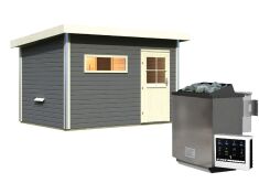38 mm Saunahaus SKROLLAN 2 / terragrau / Ofen 9 kW Bio externe Strg easy / Classic Eingangstür